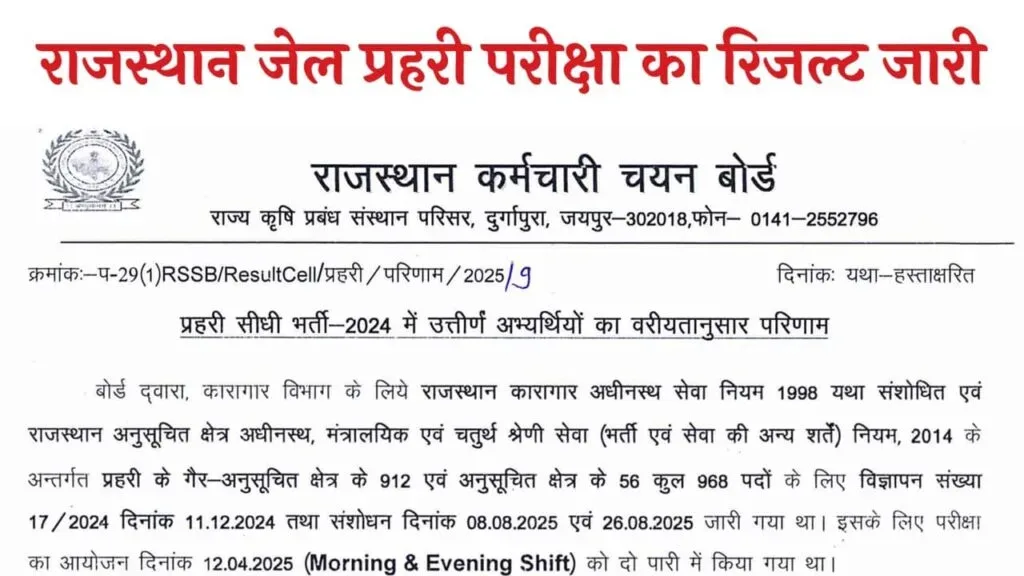 Rajasthan Jail Prahari Result