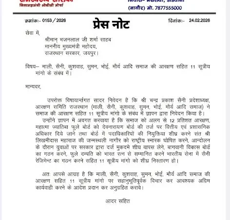 माली-सैनी समाज की 11 सूत्रीय मांगें: नागौर BJP का CM को ज्ञापन | Nagaur News